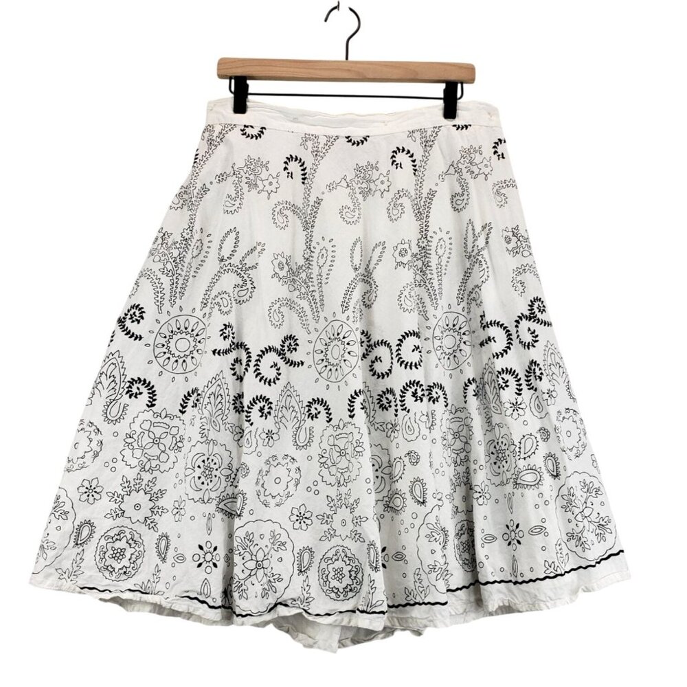 Boho Full Skirt White Black Knee XL by Studio West Cotton Indie Peasant Floral